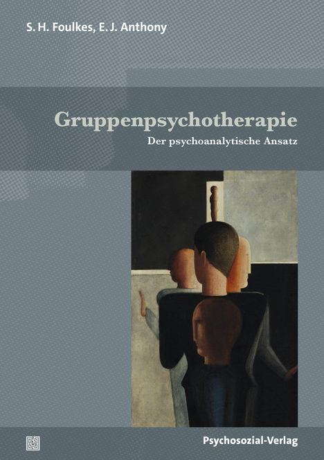 Text: „Gruppenpsychotherapie - Der psychoanalytische Ansatz“. Illustration: Abstrakte Menschen in gedeckten Farben.