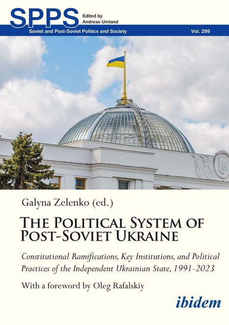„The Political System of Post-Soviet Ukraine“ von Galyna Zelenko, mit Kuppelgebäude und ukrainischer Flagge.