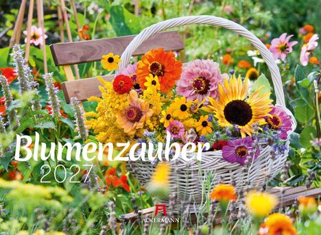 "Blumenzauber 2027" in weißer Schrift über einem Korb voller bunter Blumen auf einer Holzbank im Garten. Logo unten.