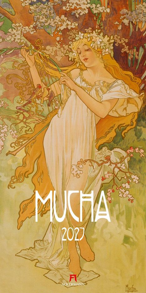 "Mucha 2023" steht auf einer Illustration einer Frau in einem Kleid, umgeben von Blüten und floralen Mustern.