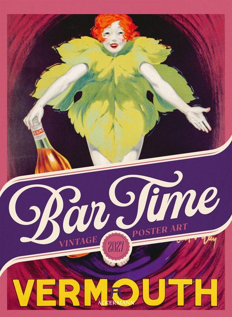„Bar Time“ und „VERMOUTH“ sind vor einer Figur mit rotem Haar und gelbem Kostüm. Vintage Poster Art.