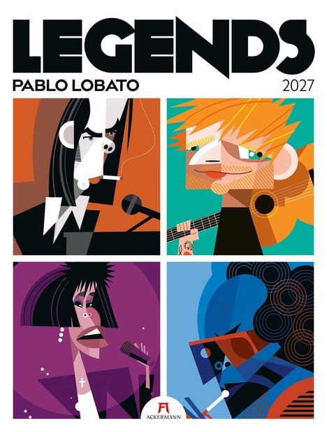 „LEGENDS“, „Pablo Lobato“, „2027“. Vier stilisierte Illustrationen von Musikern in kräftigen Farben.