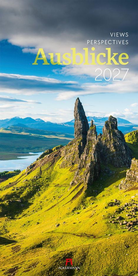 „Ausblicke 2027“ und „Views Perspectives“ sind in hellem Text auf einer Landschaft mit Bergen und grünem Gras zu sehen.