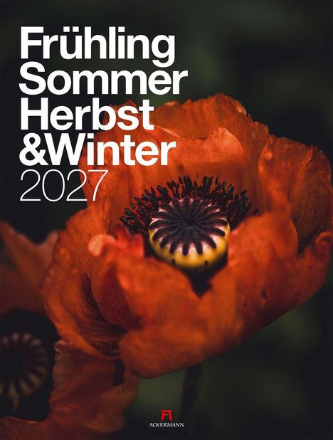 „Frühling Sommer Herbst & Winter 2027“. Rote Mohnblume mit dunkler Mitte. Logo: ACKERMANN unten.