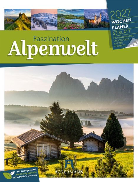 "Faszination Alpenwelt", "2027 Wochenplaner", "53 Blatt", "Ackermann". Zwei Hütten vor einer Berglandschaft im Morgennebel.