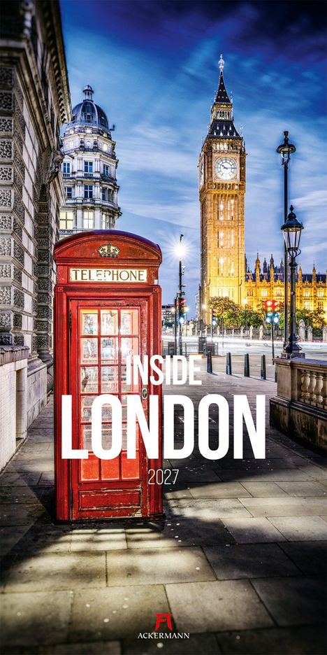 Texte: "INSIDE LONDON 2027" über einer roten Telefonzelle; im Hintergrund Big Ben und andere Gebäude.