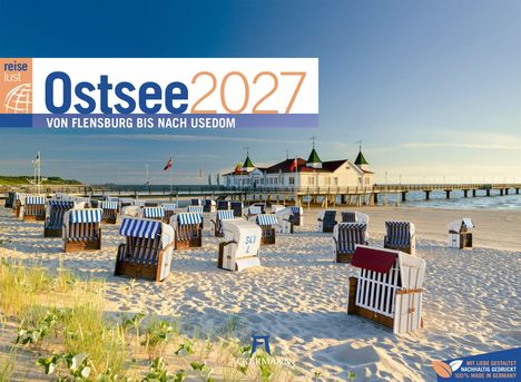 Text: "Ostsee 2027 von Flensburg bis nach Usedom." Strandkörbe am Sandstrand, ein Pier mit Gebäude im Hintergrund.