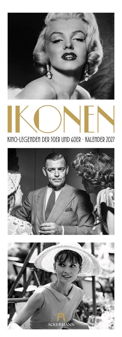 Text: IKONEN. KINO-LEGENDEN DER 50ER UND 60ER. Porträts berühmter Schauspieler, elegant und zeitlos dargestellt.