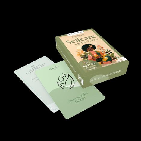 Boxtext: "Selfcare aus der Natur", "50 Karten, die etwas bewegen". Karte: "Entspannendes Fußbad", Symbol einer stilisierten Pflanze.