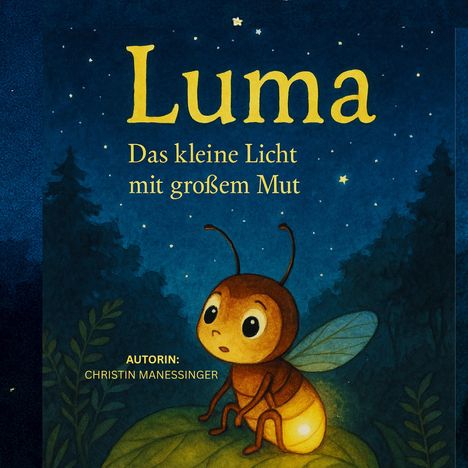Titel: "Luma - Das kleine Licht mit großem Mut". Autorin: Christin Manessinger. Illustration: Glühwürmchen im Wald.