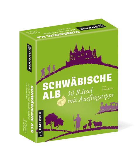 Schwäbische Alb: 50 Rätsel mit Ausflugstipps, von Sonja Klein. Grünes Design, Silhouetten von Burg, Wanderern, Baum, Tieren.