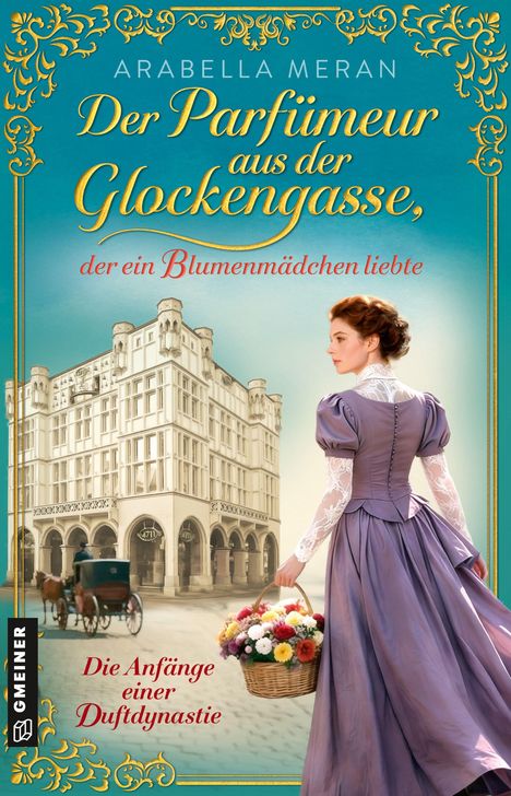 "Der Parfümeur aus der Glockengasse, der ein Blumenmädchen liebte." Historischer Roman, Frau mit Blumen vor Gebäude.