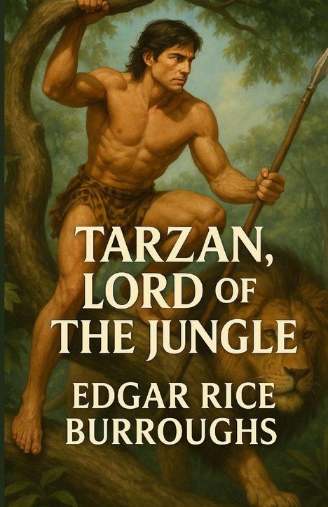 „TARZAN, LORD OF THE JUNGLE“ und „EDGAR RICE BURROUGHS“. Illustration: Tarzan, muskulös, mit Speer und Löwe im Hintergrund.