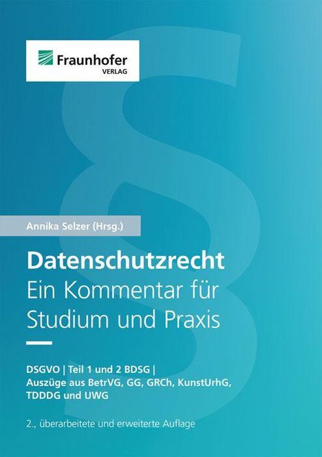 "Datenschutzrecht: Ein Kommentar für Studium und Praxis" steht auf einem blauen Hintergrund mit einem Paragraphen-Symbol.