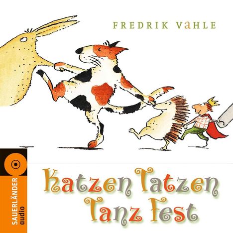 Text: "Fredrik Vahle" oben, "Katzen Tatzen Tanz Fest" unten. Illustration: Tiere und ein Kind tanzen fröhlich in einer Reihe.