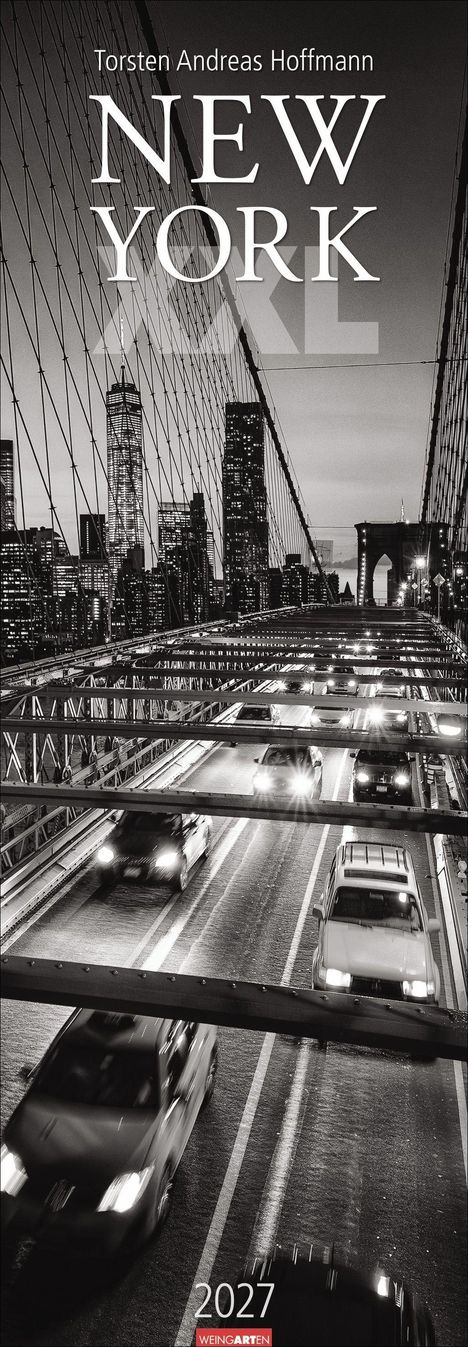 Text: "Torsten Andreas Hoffmann New York 2027 Weingarten". Schwarz-weißes Foto von Autos auf der Brooklyn Bridge mit Skyline.