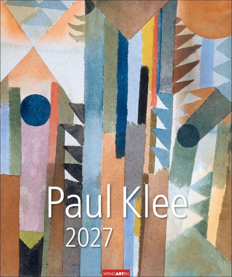 "Paul Klee 2027" in Weiß auf abstraktem, geometrischem Gemälde mit bunten Formen und Linien.