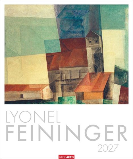 Text: "Lyonel Feininger 2027". 

Eine Illustration mit geometrischen Formen und Gebäuden in gedeckten Farben.