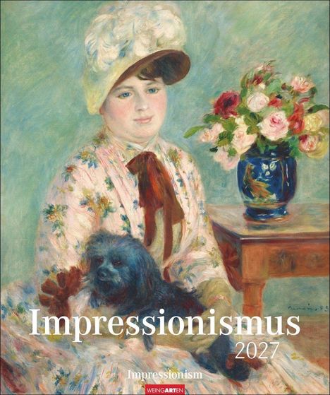 Impressionismus 2027. Eine Frau im Blumenmusterkleid mit einem Hut, hält einen kleinen Hund vor einem Tisch mit Rosen.
