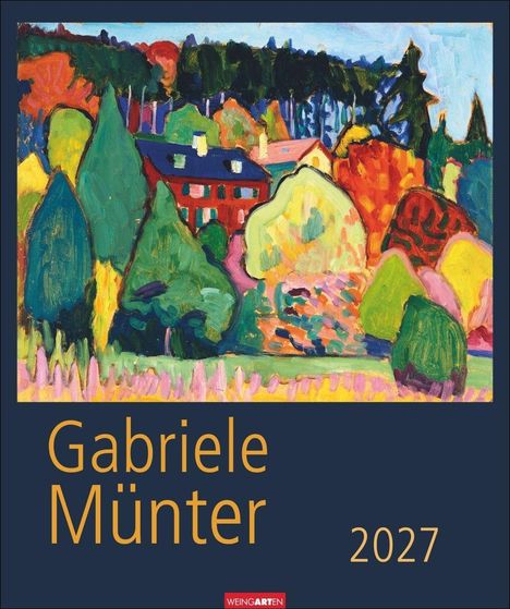 "Gabriele Münter 2027" steht in großen, gelben Buchstaben unter einer farbenfrohen Landschaftsillustration.
