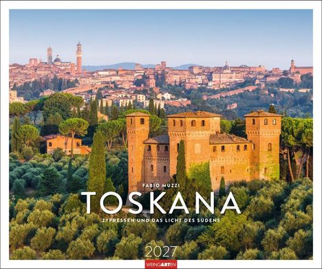 "Toskana - Zypressen und das Licht des Südens" steht über einem Landschaftsfoto mit einem Schloss und Zypressen.