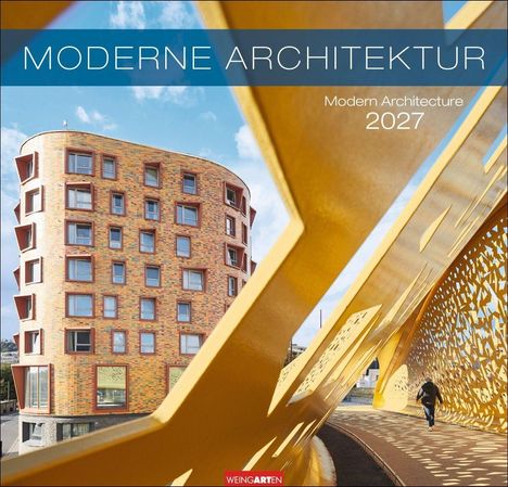 MODERNE ARCHITEKTUR, Modern Architecture 2027. Ein modernes, gebogenes Backsteingebäude neben einer gelben, filigranen Struktur.