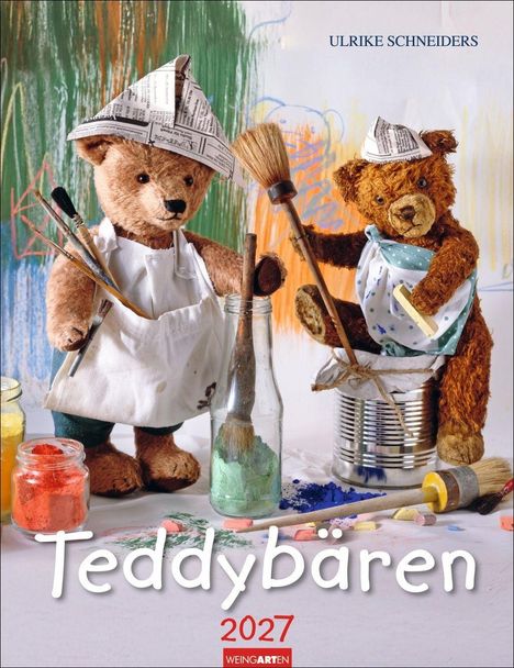 "Teddybären 2027" oben sind zwei bunte Teddybären mit Malutensilien und Zeitungshüten.