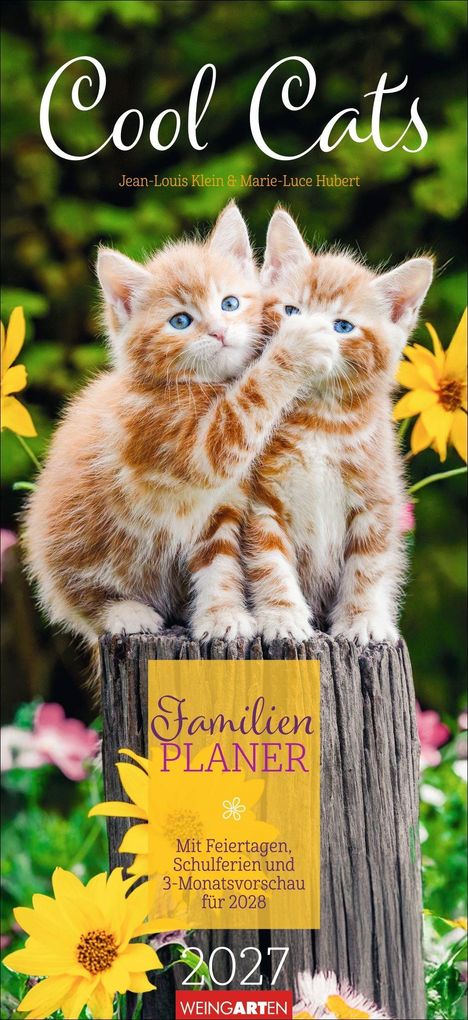 „Cool Cats“ oben, „Familienplaner“ in der Mitte. Süße Kätzchen, umgeben von gelben Blumen.