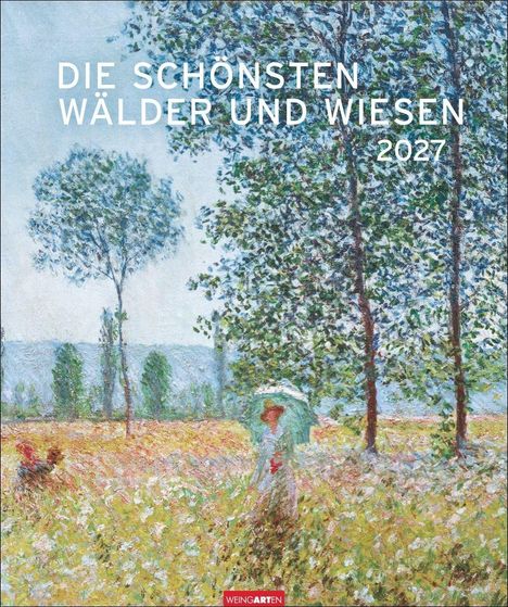 "Die schönsten Wälder und Wiesen 2027." Impressionistisches Gemälde mit einer Frau in einer blühenden Wiese.