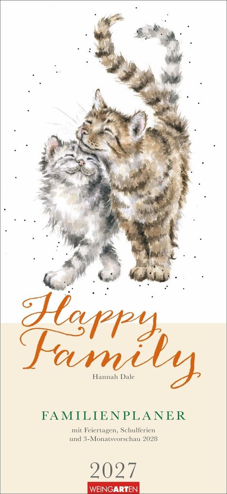 Text oben: "Happy Family, Hannah Dale". Text unten: "FAMILIENPLANER 2027". Illustration von zwei kuschelnden Kätzchen.