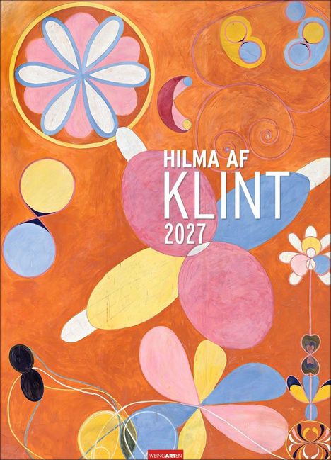 Texte: "HILMA AF KLINT 2027". Bunte, abstrakte Formen und Kreise auf orangem Hintergrund.