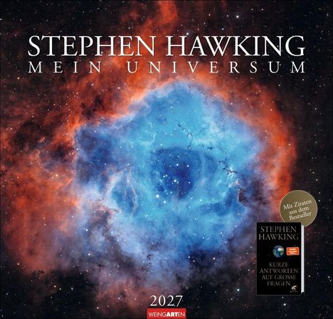 "STEPHEN HAWKING: Mein Universum. Bunte Weltraumaufnahme mit blau-oranger Nebelstruktur und Sterne."