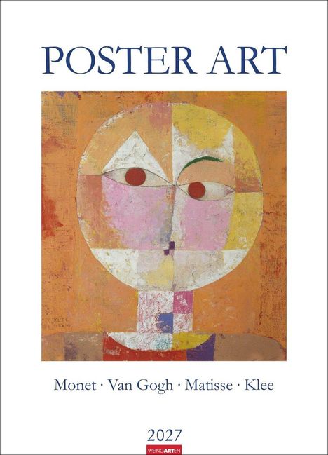 "POSTER ART. Monet, Van Gogh, Matisse, Klee. 2027." Eine abstrakte Illustration mit geometrischen Formen und warmen Farben.