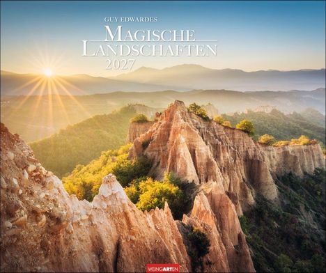"Guy Edwardes, Magische Landschaften 2027." Dramatische Felsformationen in der Natur bei Sonnenaufgang.
