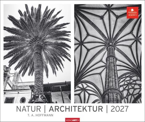 NATUR | ARCHITEKTUR | 2027. Links: Eine Palme von unten. Rechts: Gewölbte Decke mit Säulen. Oben rechts: Rotes Logo.