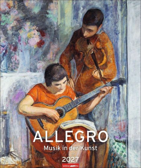 "ALLEGRO Musik in der Kunst 2027. Illustration: Frau spielt Gitarre, Mann mit Geige. Bunte, impressionistische Farben."