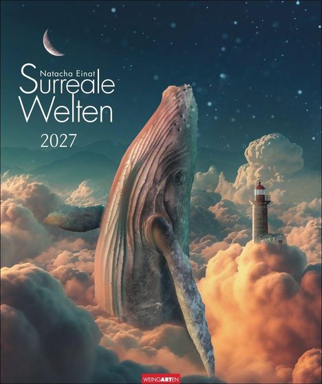 „Natacha Einat Surreale Welten 2027“. Ein Wal taucht aus Wolken auf, daneben ein Leuchtturm und ein Mond am Himmel.