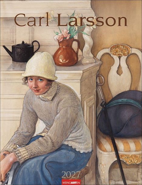 Die Texte lauten "Carl Larsson", "2027", "Weingarten". Eine Frau mit Mütze sitzt in einem gemütlichen Raum.