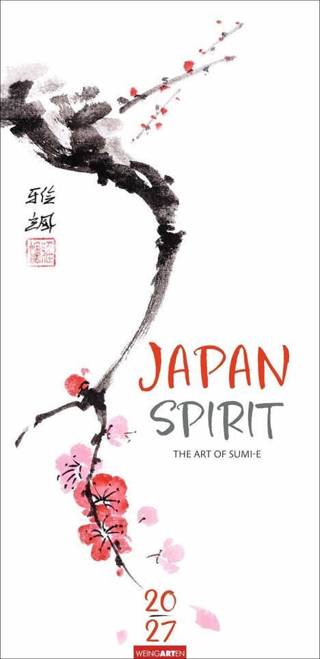 „JAPAN SPIRIT: THE ART OF SUMI-E“, Kirschenblüten in schwarzer Tinte und Rot, elegante Zweige, stilisierte japanische Kunst.