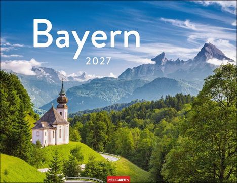 Text: "Bayern 2027" und "WENGARTEN". Eine malerische Kirche auf einem Hügel mit Alpen im Hintergrund.