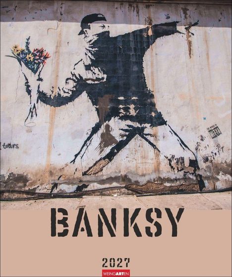 Text: "BANKSY 2024 WEINGARTEN". Ein Graffiti zeigt eine schwarze Silhouette, die Blumen statt eines Molotow-Cocktails wirft.