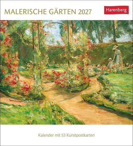 "MALERISCHE GÄRTEN 2027", "Harenberg". Kalender mit 53 Kunstpostkarten. Eine Gartenillustration mit blühenden Pflanzen und Figuren.