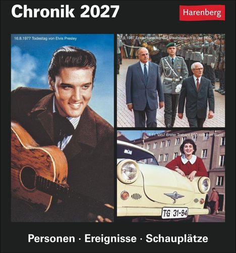 "Chronik 2027". Fotos: Elvis Presley mit Gitarre, Erich Honecker bei Staatsbesuch, erster Trabant P50 mit Frau. "Personen · Ereignisse · Schauplätze".