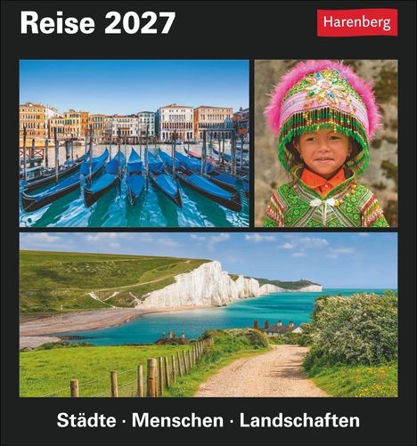 „Reise 2027“ oben, „Städte · Menschen · Landschaften“ unten. Drei Bilder: Boote, Kind in buntem Outfit, Küstenlandschaft.