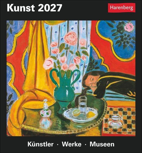 "Kunst 2027", "Harenberg". Unten: "Künstler · Werke · Museen". Illustration: Person schläft an Tisch mit Vase.