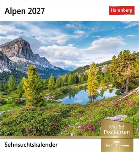 "Alpen 2027", "Harenberg". Bild: Alpenlandschaft mit Bergen, Bäumen, klarem Himmel und einem Teich.