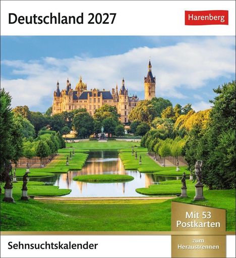 "Deutschland 2027". "Sehnsuchtskalender". Ein Schloss mit gepflegten Gärten und einem spiegelnden Wassergraben im Vordergrund.