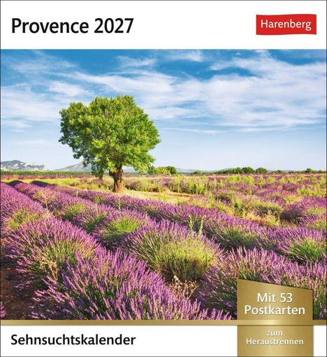 Text oben: "Provence 2027". Logo: "Harenberg". Unten: "Sehnsuchtskalender". Landschaft mit Lavendelfeldern und Baum.
