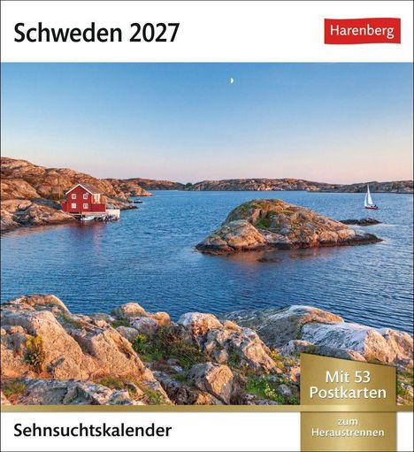 "Schweden 2027", "Mit 53 Postkarten", "Sehnsuchtskalender". Landschaft mit Felsen, Meer, rotem Haus und Segelboot.