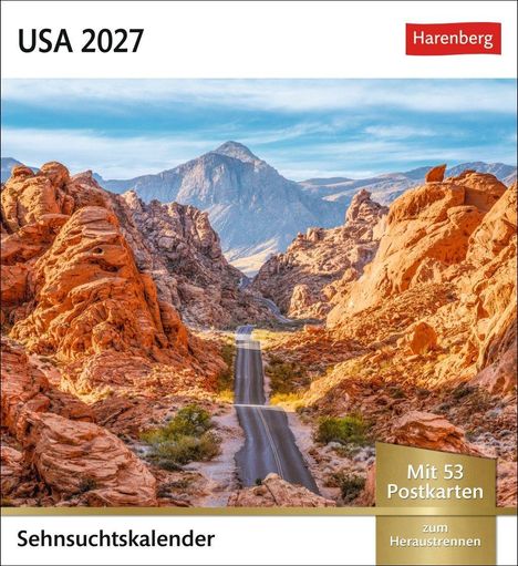 "USA 2027", "Sehnsuchtskalender", "Mit 53 Postkarten zum Heraustrennen". Eine Straße durch rote Felslandschaft.